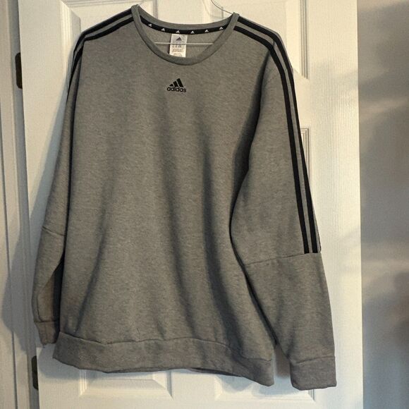 Adidas Sweatshirt Mens XL Gray Crewneck Pullover Three Black Stripes Logo - Picture 1 of 3